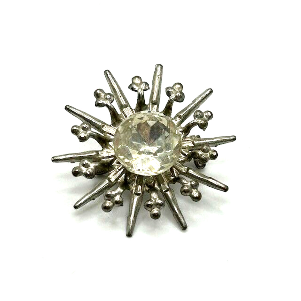 Vintage‎ Silver Atomic Starburst with Rhinestones Booch Pin 1.5"